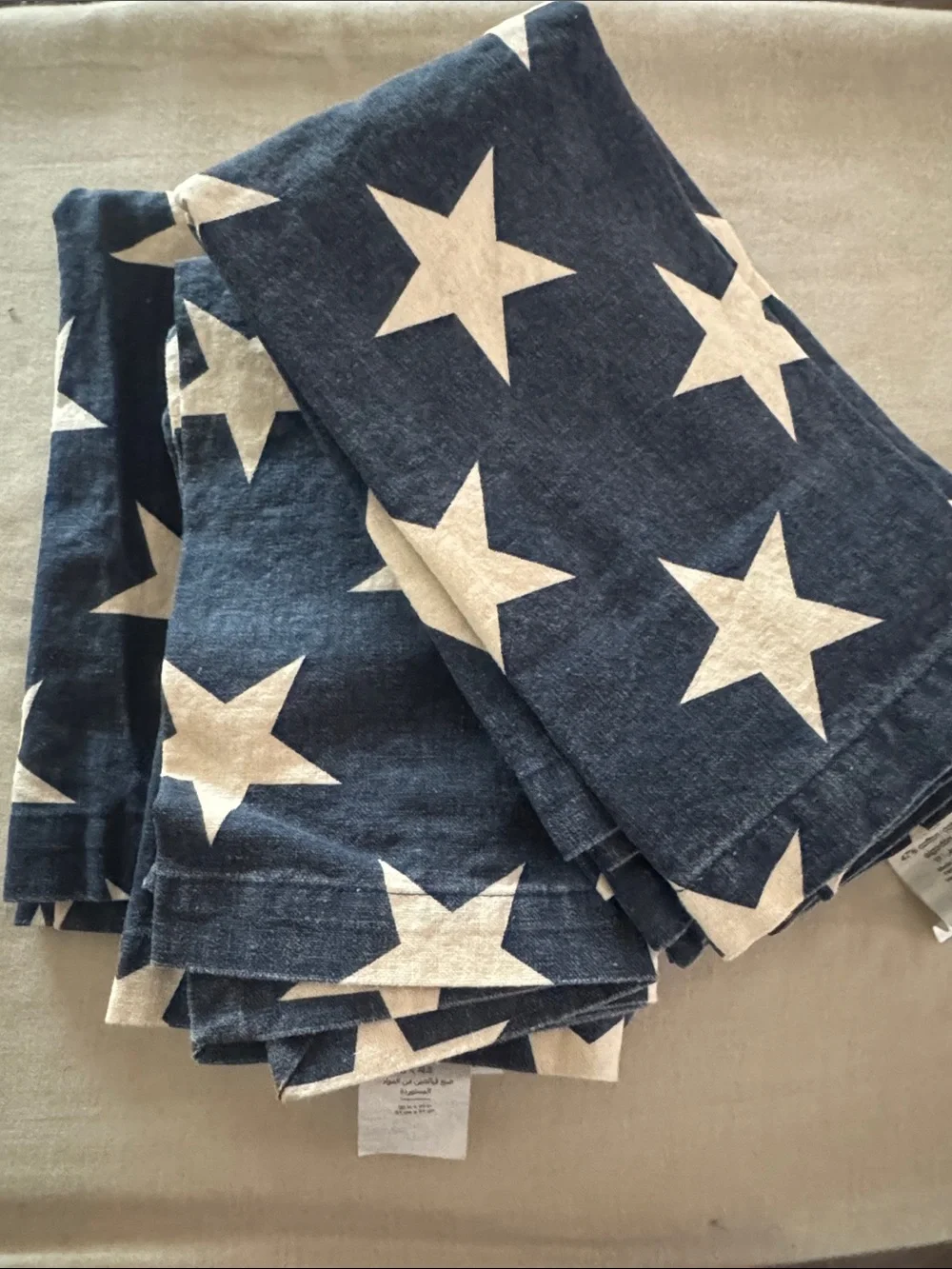 Pottery Barn Navy Blue Star Print Cotton Linen Blend  Napkins Set of 8